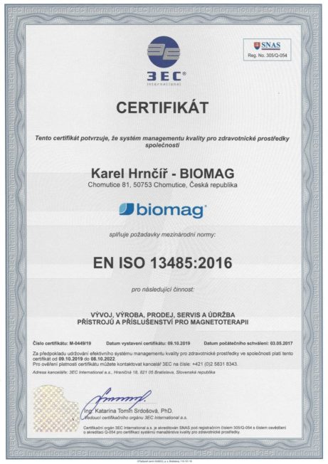 Certifikát ISO 13485 - česká verze