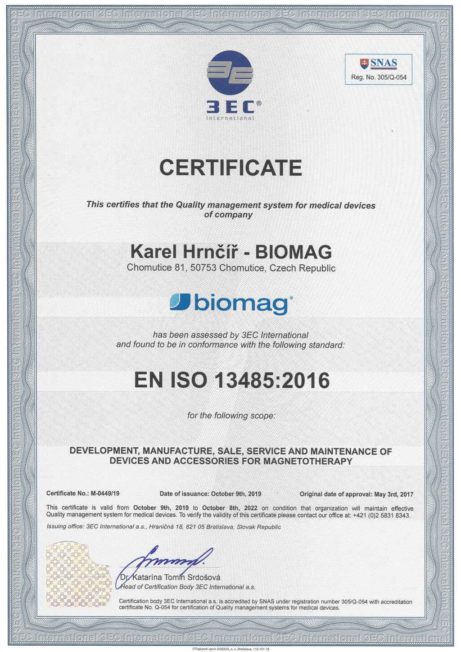 Certifikát ISO 13485 - anglická verze