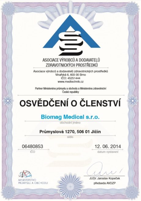 Certifikát členství v Asociaci výrobců a dodavatelů zdravotnických prostředků