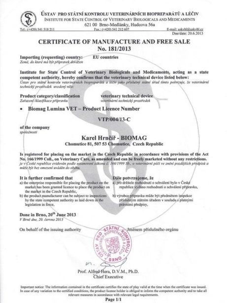 Certifikát volného prodeje - Biomag Lumina VET